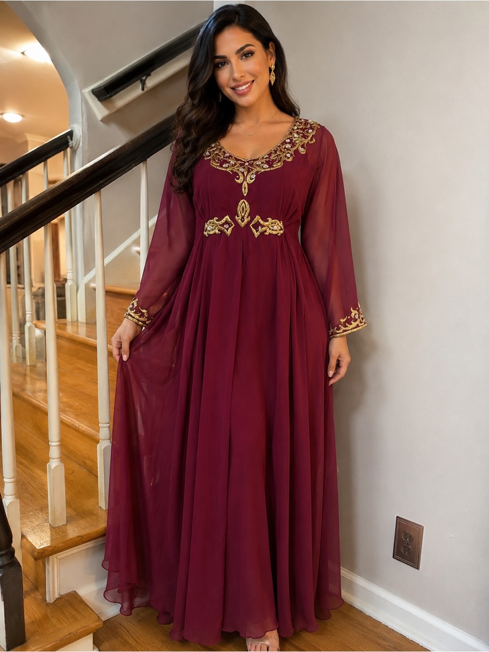 Galabiya Elegant Burgundy Embroidered Long Sleeve Maxi Dress